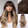 22" Ombre Brown to Blonde Curly Wig with Bangs - Natural Fluffy High-Temperature Fiber, Loose Waves for Everyday & Party Wear, Rose Net Cap, 180% Density
