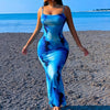 2025 New Arrival Elegant Bodycon Sleeveless Backless Long Dresses, Women'S Blue Gradient Floral Print, Beachy, Sexy, for Vacation