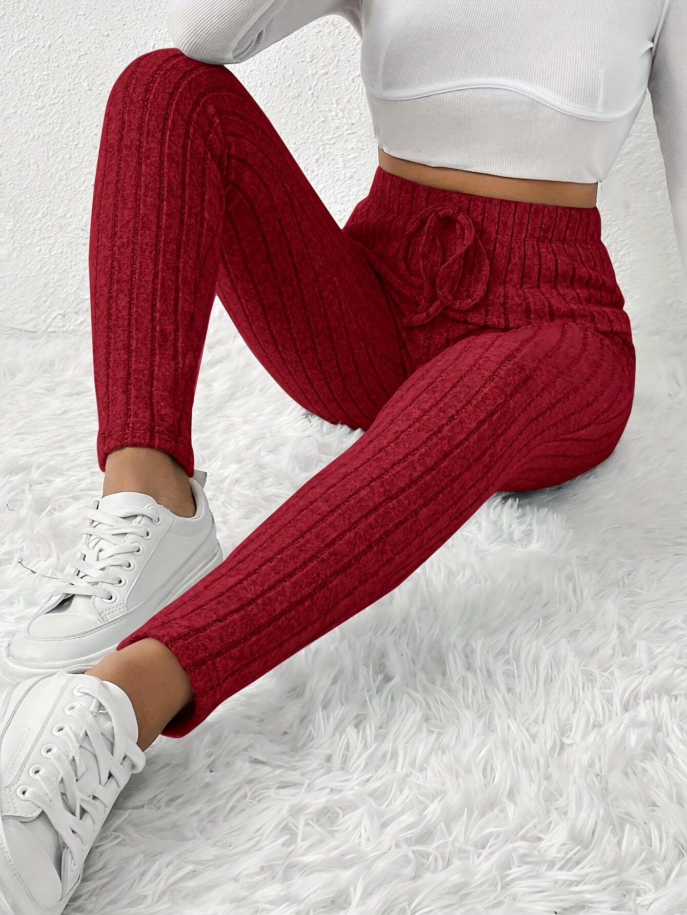 Elegant High-Waist Ribbed Knit Pants for Women - Cozy & Chic Brown Slim-Fit Trousers with Elastic Waistband, Perfect for Fall/Winter Casual Wear