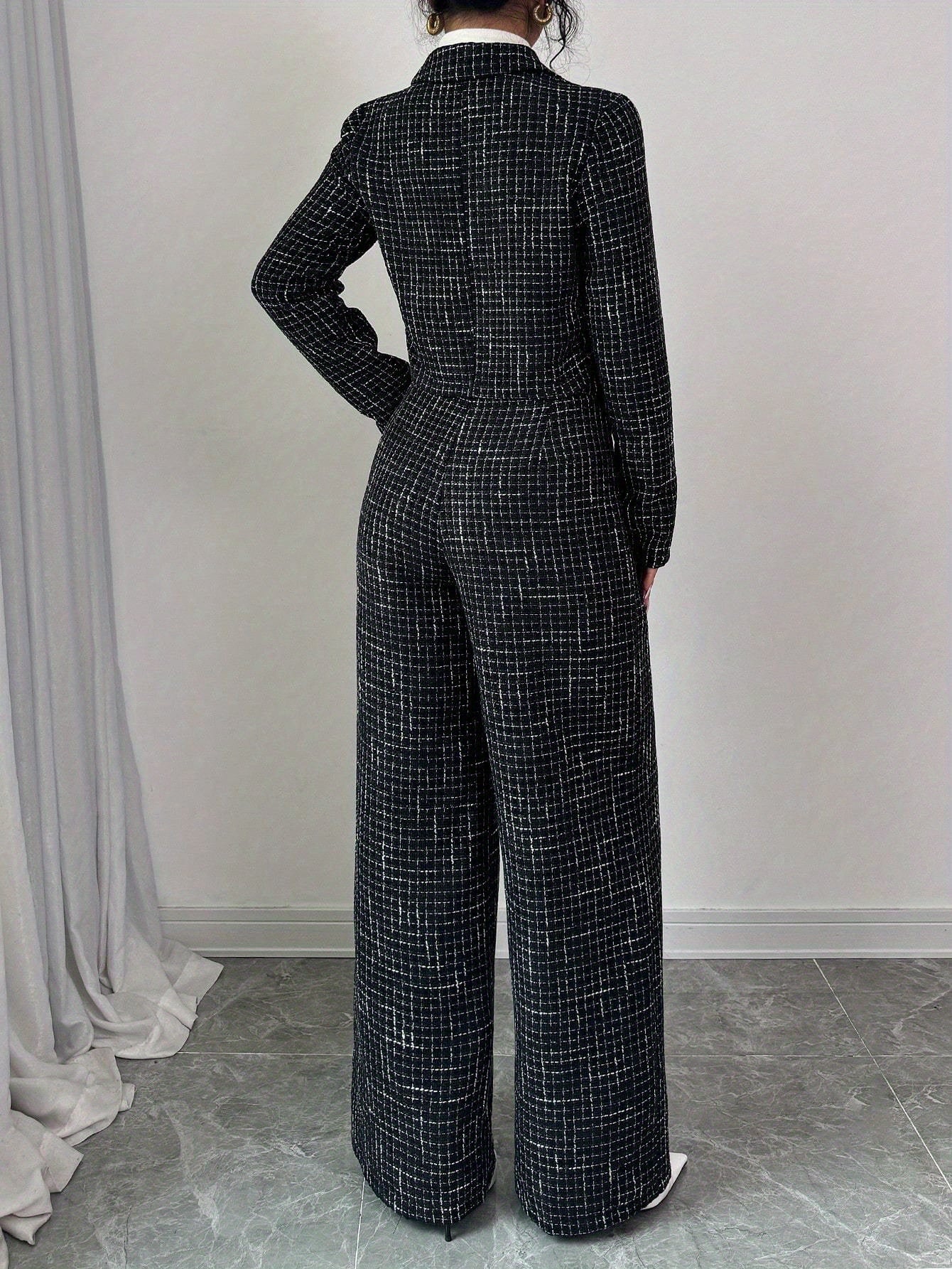2pcss Women Elegant Set - Plaid Printed Double-Breasted Long Sleeve Blazer Jacket & Loose Fit Trousers 2pcs Set