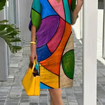 Women's Casual V-Neck Dress with 3/4 Sleeves - Retro Geometric Print, All-Season Polyester Blend, Machine Washable