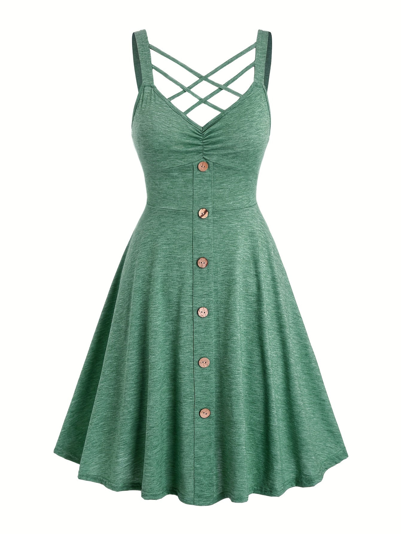 [Ruched V-neck Tank Dress] Button Decor Ruched V-neck Tank Dress, Versatile Sleeveless Criss Cross Dress For Spring & Summer, Women's Clothing