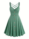 [Ruched V-neck Tank Dress] Button Decor Ruched V-neck Tank Dress, Versatile Sleeveless Criss Cross Dress For Spring & Summer, Women's Clothing