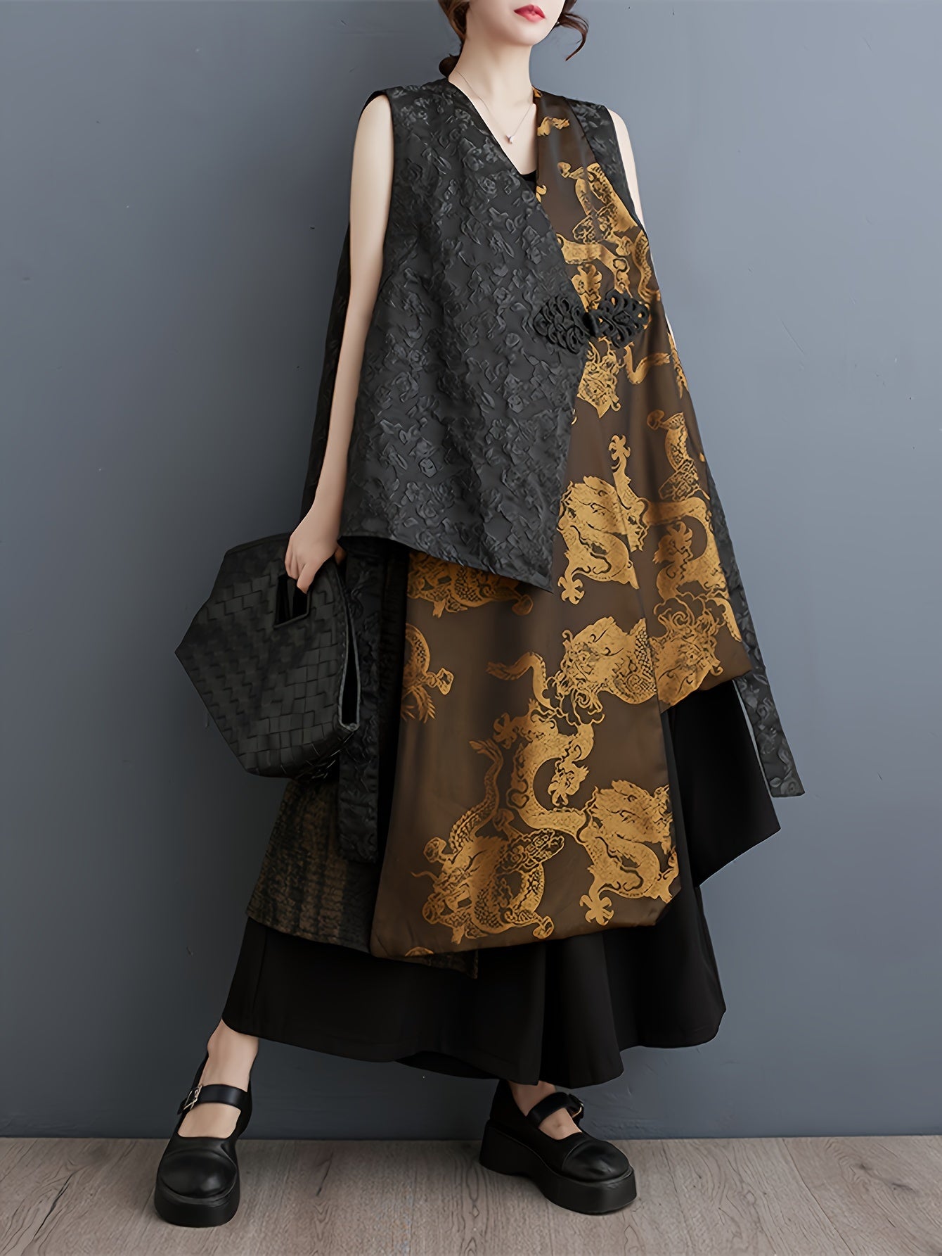 1pc Elegant Plus Size Golden Dragon Print Sleeveless Kimono Cardigan - Casual Polyester Woven Outerwear with Asymmetrical Hem and Criss-Cross Neck Design