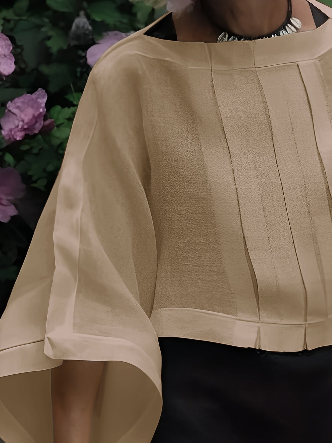 Elegant Polyester Blend 3/4 Sleeve Shirt for Women - Loose Fit Boat Neck Solid Color Woven Shirting with Pleated Detail, All-Season Versatile Top