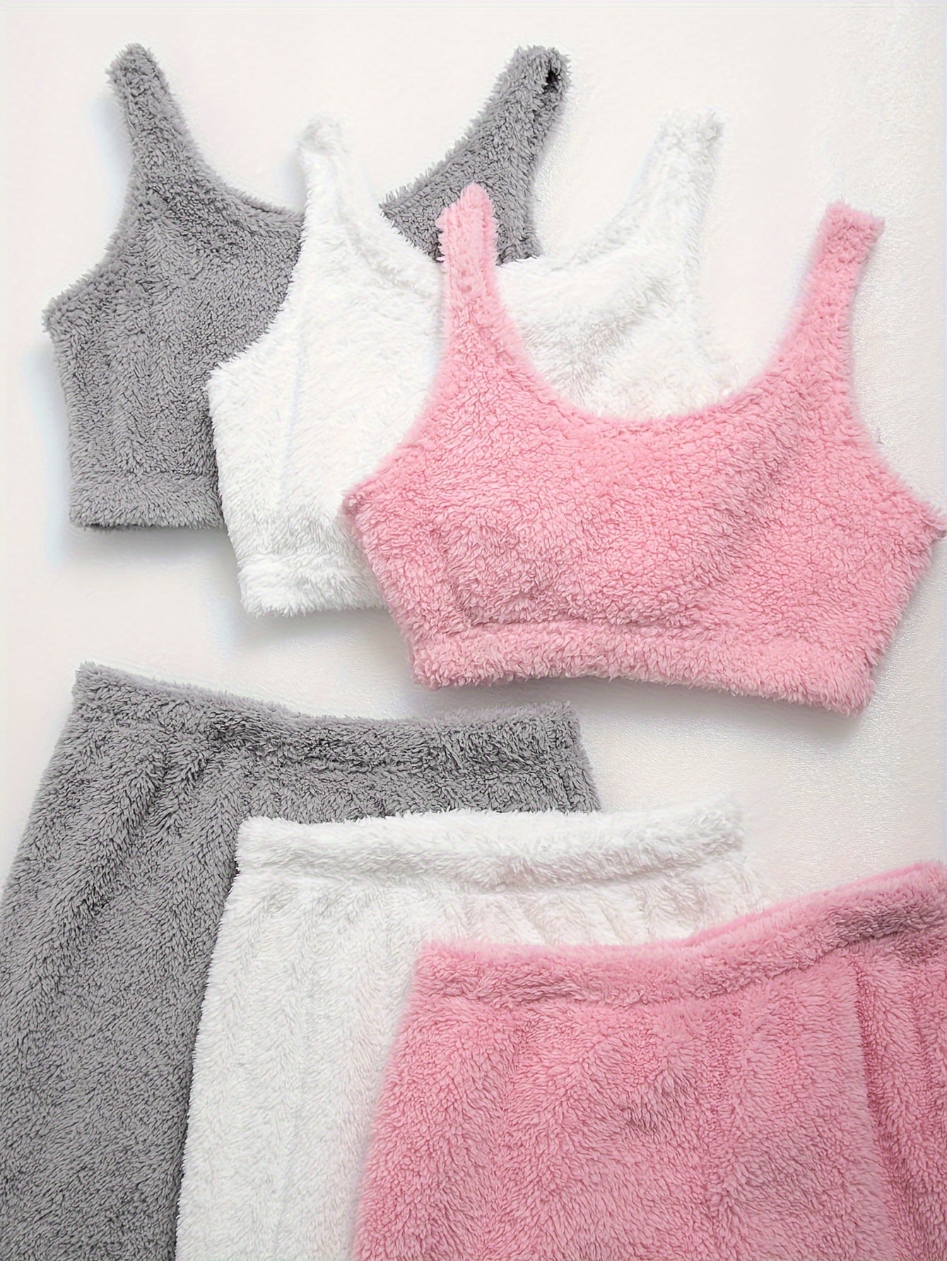 Women's Winter Plush Loungewear Set - 3 Pack Soft Crop Tank Tops And High-Waisted Jogger Pants
