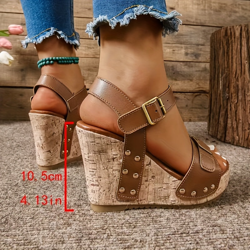 Women'S Fashionable Platform Sandals - Brown Synthetic, Buckle Closure, Open Toe, High Heel, Stylish Ankle Strap with Beaded Detail, Summer Footwear|Stylish High Heel|Platform Sandals