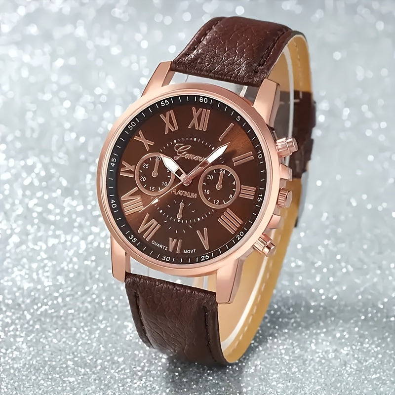 12pcs Fashion Men's and Women's Quartz Watch Set, Round Zinc Alloy Case, PUPU Leather Strap, No Battery Required, Available in Multiple Colors, with Button Battery