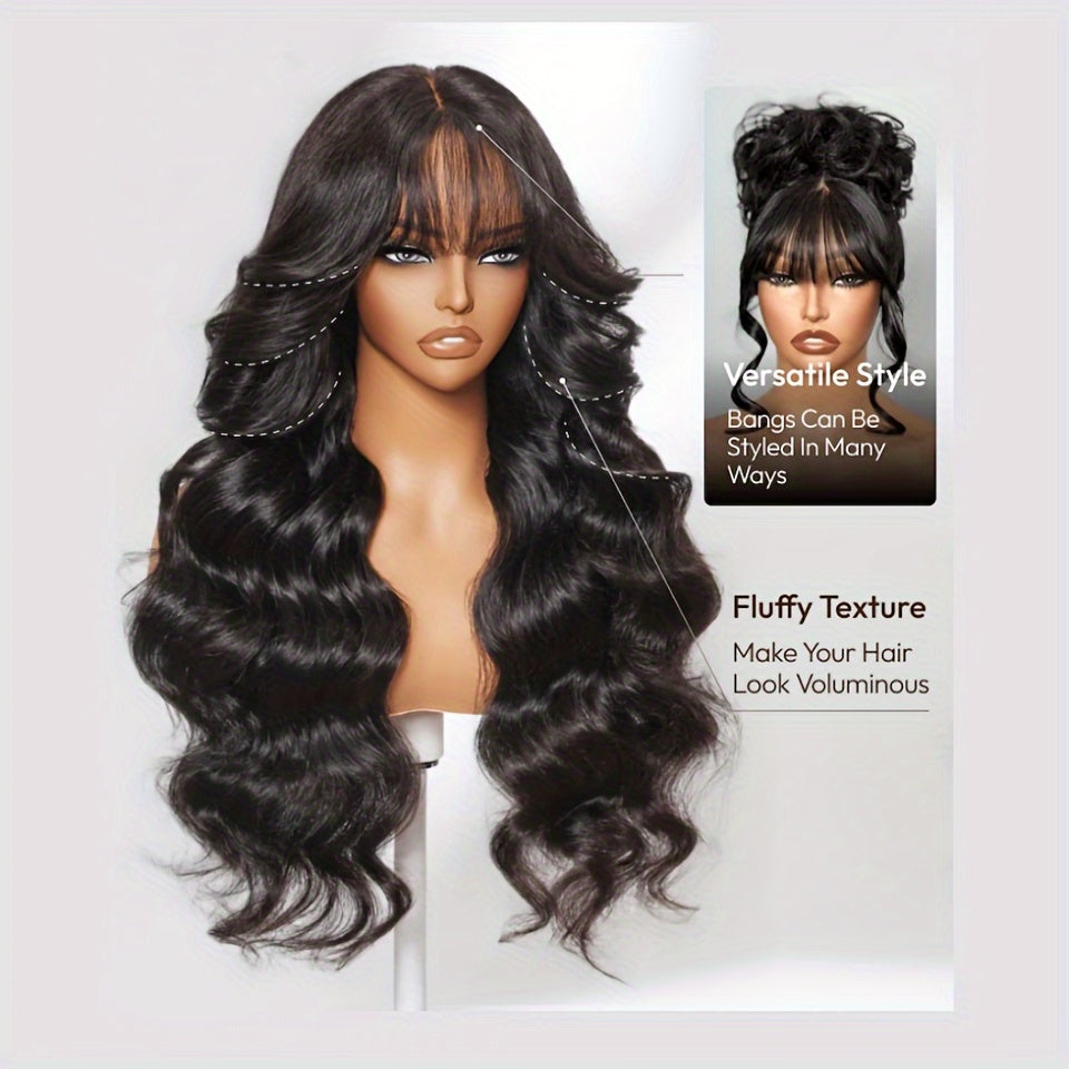 Klaiyi Fluffy Loose Wave 13x4 Lace Frontal Wig With Bangs Pre Cut Pre Bleached Pre Plucked Lace Front Human Hair Wig Ready To Wear Pre Everything Wig