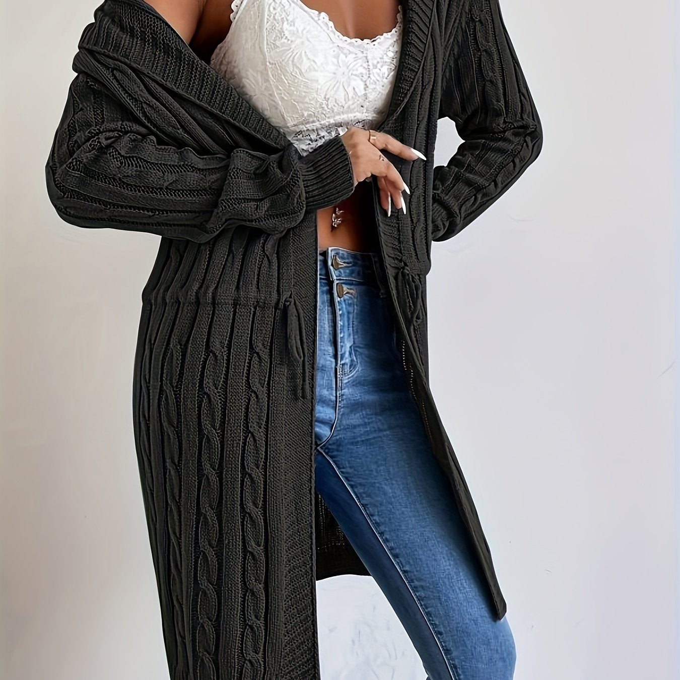 Cozy Chic Drawstring Waist Hooded Cardigan - Soft, Casual, Open Front, Long Sleeve, Relaxed Fit, Women's Clothing for Everyday Wear