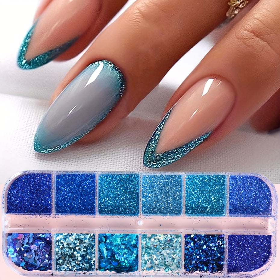 FULL BEAUTY Sparkly Blue Nail Glitter Set: 12 Grids of Shimmering Blue Sequins, Diamond Chrome, Fine Powder, Dust, Chunky Flakes, and Paillettes for DIY Manicure Decoration