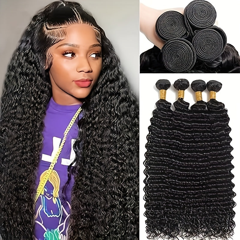 Human Hair Deep Wave Human Hair Bundles With 4*4 Lace Closure, 100% Unprocessed Brazilian Virgin 4x4 HD Lace Closure 180 Density With Deep Wave Hair Bundles, Natural Black Modern Fashion For Black Women