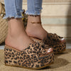 Women's Leopard Print Wedge Sandals with Bowknot - Stylish Slip-On Platform Heels, Comfortable Open Toe Design for Everyday & Party Wear, Black and Brown Animal Print Pattern, Everyday Footwear | Elegant Footwear | Fabric Upp