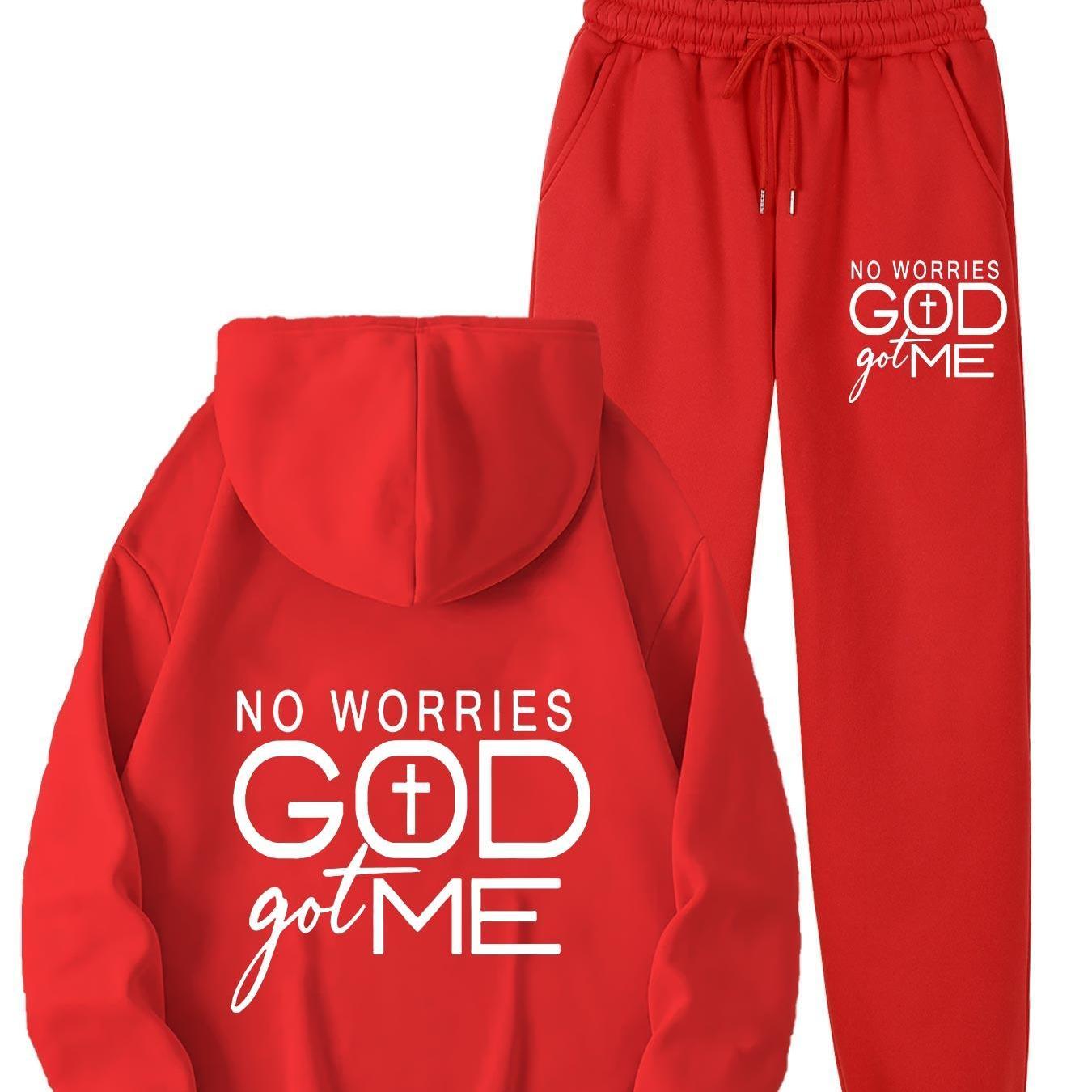 No Worries GOD Got Me Printed Women's Casual Sports Set, Sports Kangaroo Pocket Hoodie Set, Women's 2pcs Warm Set