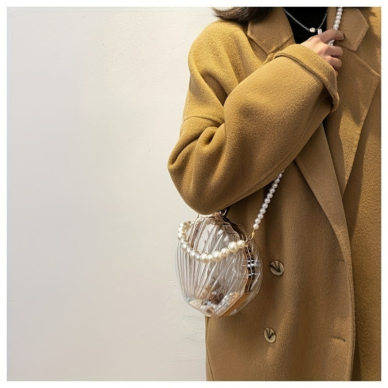 Casual Acrylic Pearl Beaded Shell Crossbody Bag with Removable Strap, Transparent Unlined Clutch with Buckle Closure, Checkpoint-Friendly Fashion Accessory
