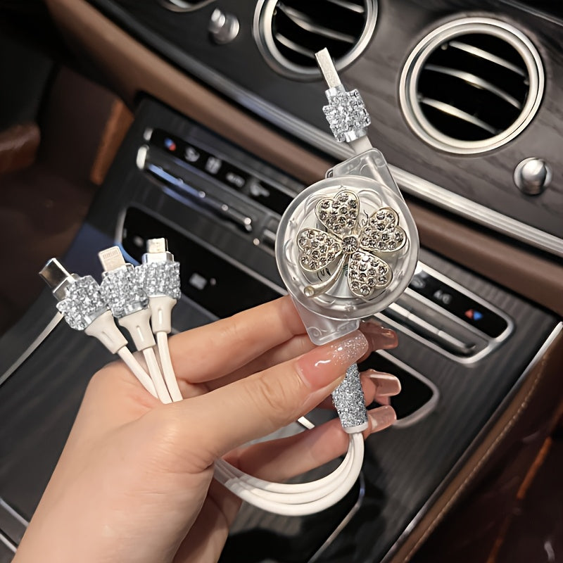 [3-in-1 Fashion USB Charging Cable] 1pc Durcord 3-in-1 Fashion USB Charging Cable, Rhinestone Embellished, Compatible with iPhone 16/15/14/13/12/11, Vivo, Oppo, Xiaomi, Huawei - Trendy Street Style Data Cord without Battery