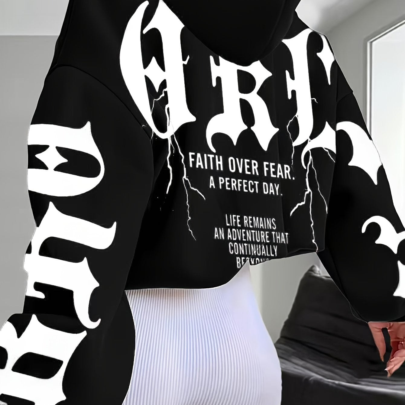 Women'S Stylish Black Hoodie with Vibrant Blue "Fear" Graphic Print - Casual Long Sleeve Pullover, Polyester Knit Fabric, Fall & Winter Essentials, Fall Winter Apparel | Bold Graphic Hoodie | Polyester Hoodie