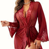 Splicing Lace Design Pajamas, Deep V-long Sleeved Nightgown with Belt, Women's Sexy Clothing