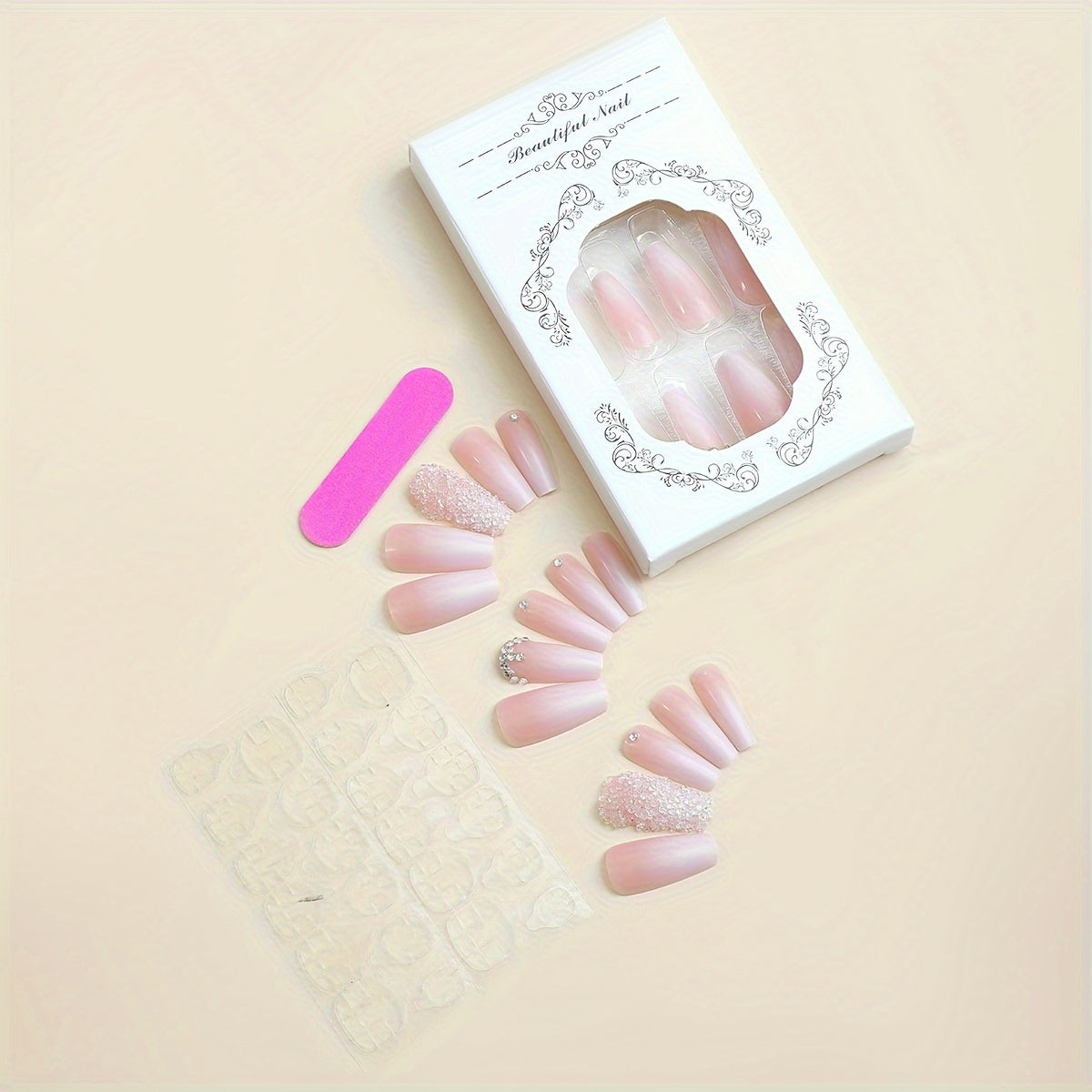 48pcs/ Set, Pink And White Gradient Nail-Pressing Flash Zirconia Design, Glossy Long Ballet Acrylic Fake Nails, Suitable for Birthday Thanksgiving, Valentine'S Day And Mother'S Day Graduation Party.