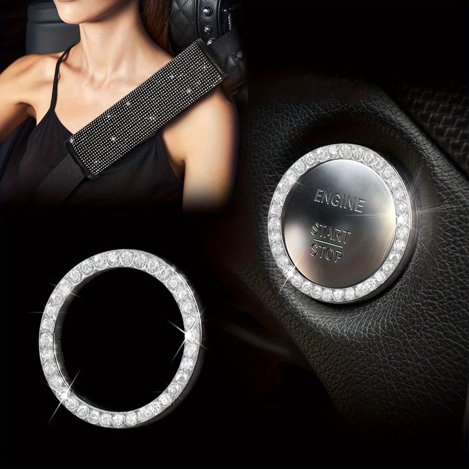 Bling Car Accessories For Women, Bling Steering Wheel Cover Bling Car Coasters Bling Set Seat Belt Shoulder Pads Ring Emblem Sticker Gear Shift Cover