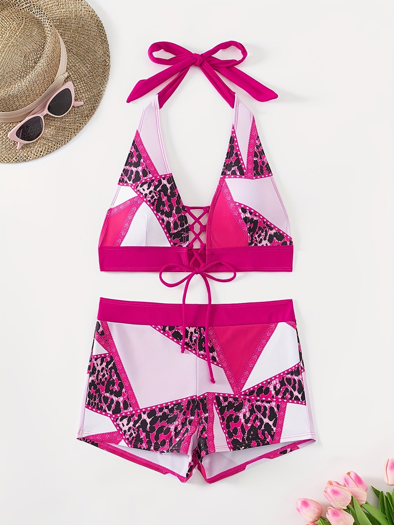 European And American New Split Swimsuit Women'S Suspender Tied Bikini Swimsuit Chest Gathering Flat Corner Pants Swimsuit Women