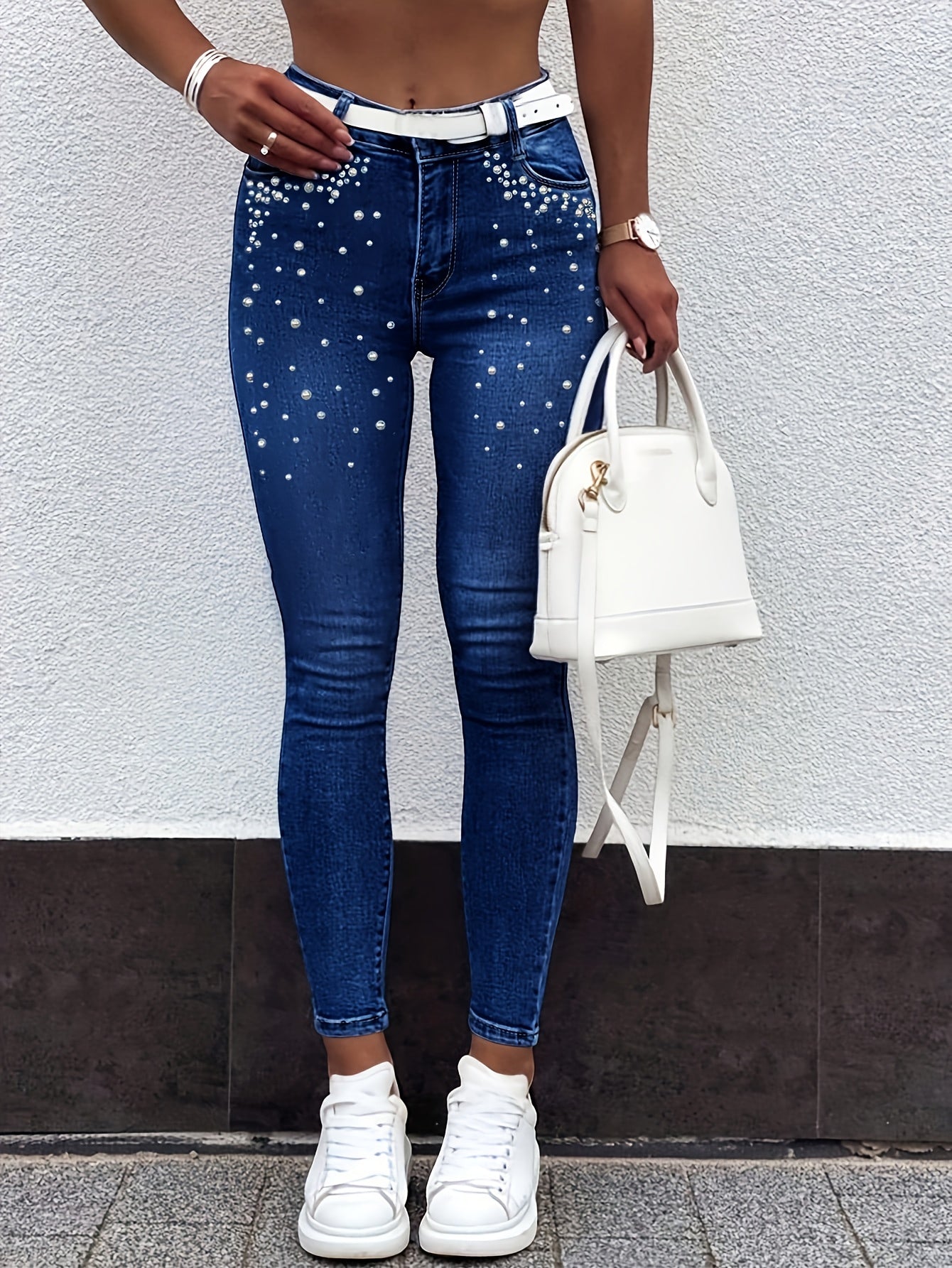 Fashionable High Waisted Slim Fit Casual Women'S Jeans, Adorned With Artificial Pearl Craftsmanship, Light Blue, Fashionable Street Tight Pants
