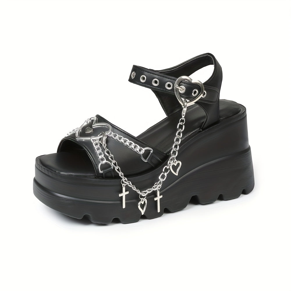 Gothic Platform Sandals with Cross & Chain Detail – Open Toe Buckle Strap Heels, Ankle Strap Design, Chunky Rubber Sole, Spring Fashion Footwear