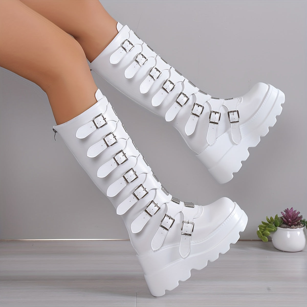 Womens Stylish Wedge Heel Boots with Fashion Buckle Straps - Platform Design, Back Zipper Closure - Perfect for Carnaval & Music Festivals - Trendy and Comfortable
