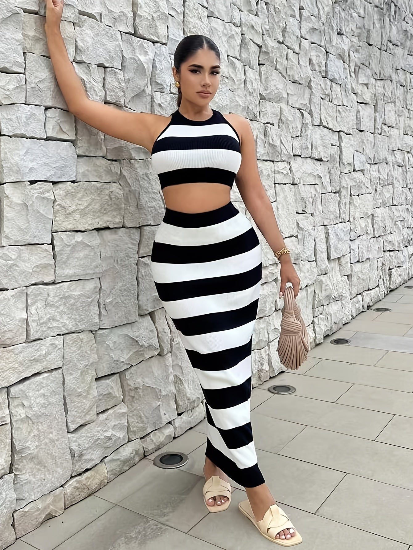New Versatile Black and White Striped Temperament Slimming Design Half Skirt Set with Sexy Vest Sweater