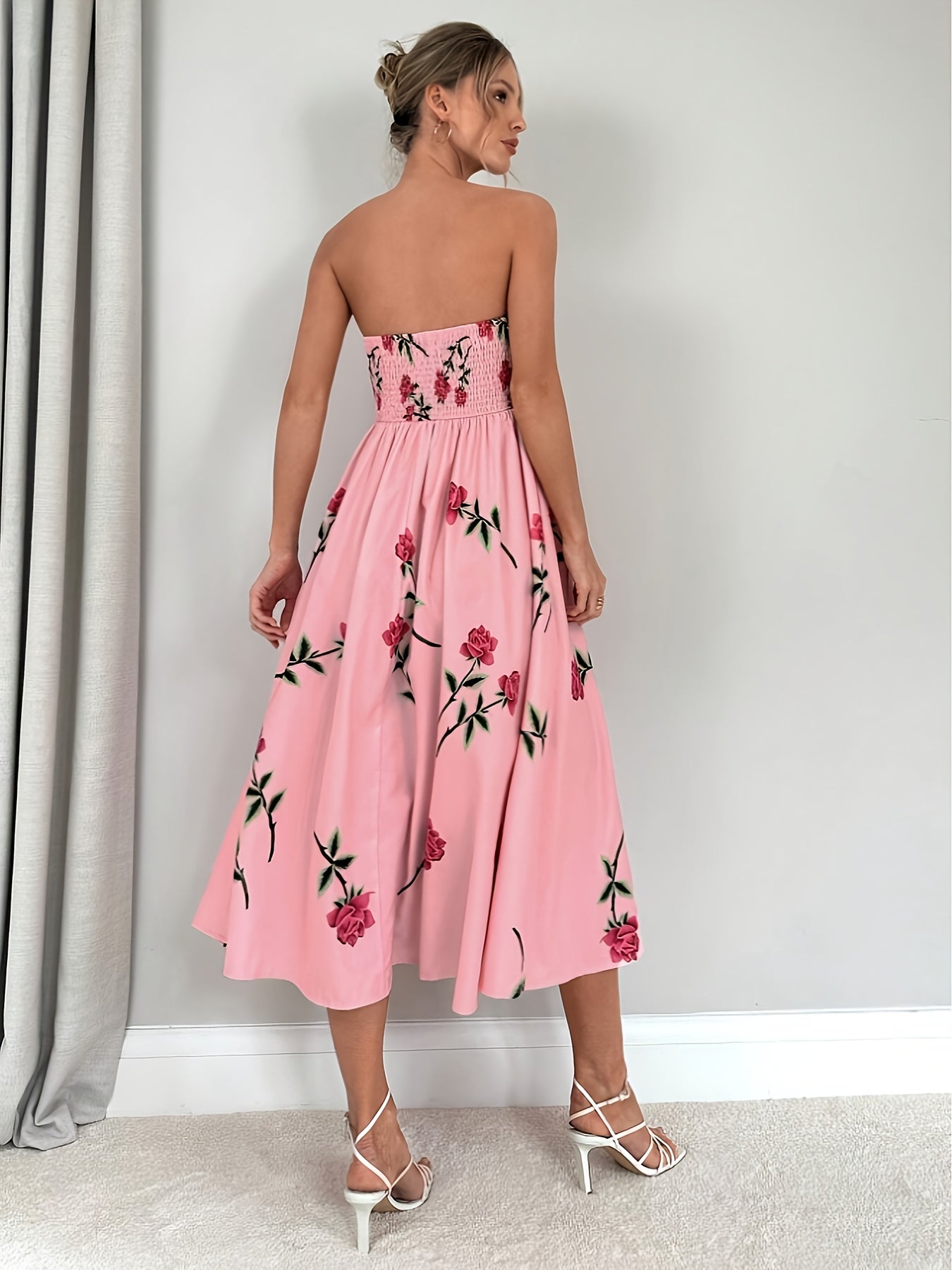Women's Elegant Off-Shoulder A-Line Floral Print Rose Print Dress - Knee-Length with Ruffled Hem & Waist Tie, Machine Washable for Weddings, Parties, Graduations, Prom - Pink Floral Print Formal Evening Dress, Event Attire |
