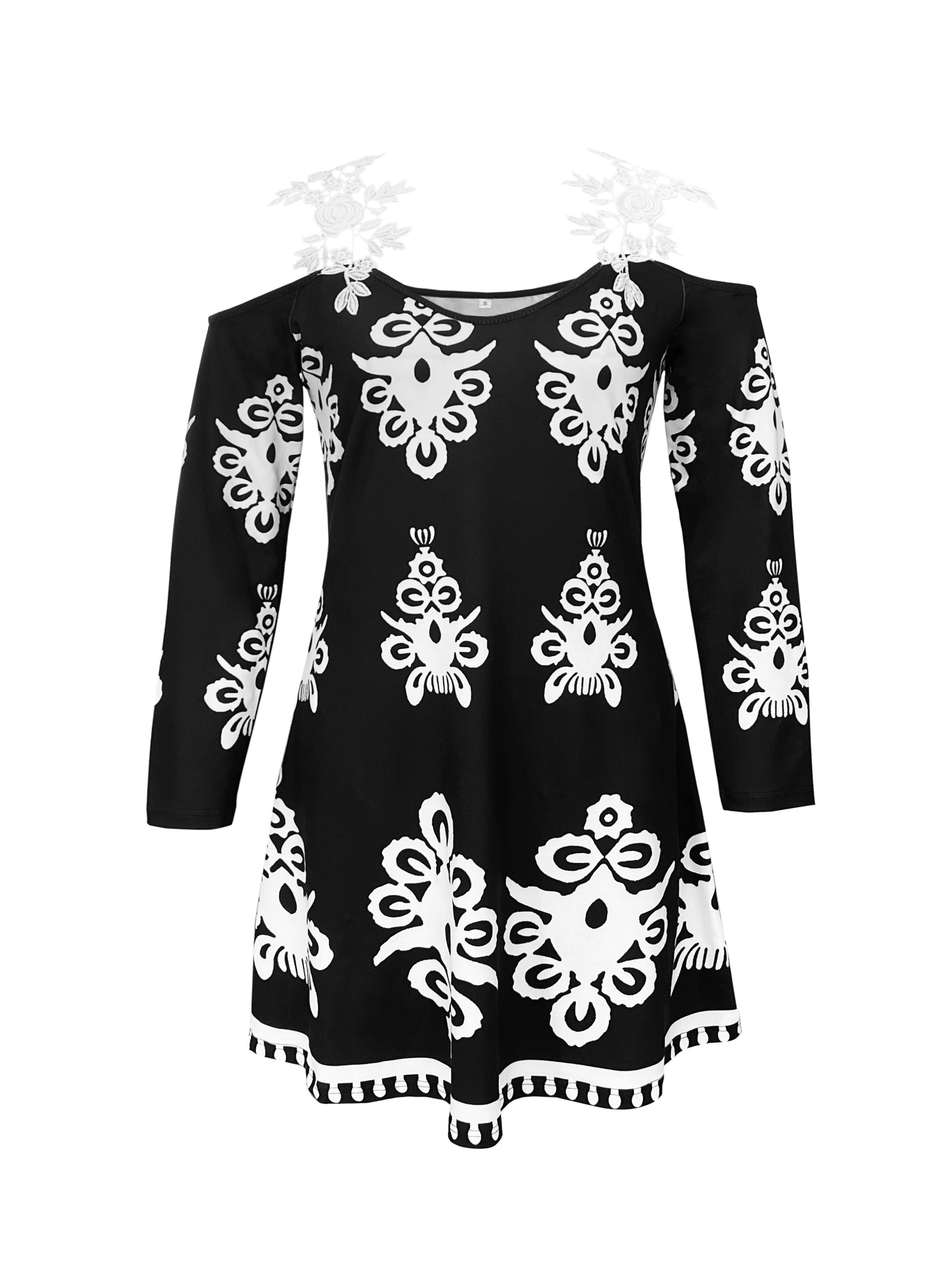 Elegant Off-Shoulder Printed A-Line Dress - Dacron and Spandex Blend, Polyester 95%, Elastane 5%, Knit Fabric - For All Seasons - For Women - Perfect for Parties, Weddings & Casual Occasions - Great Gift for Her