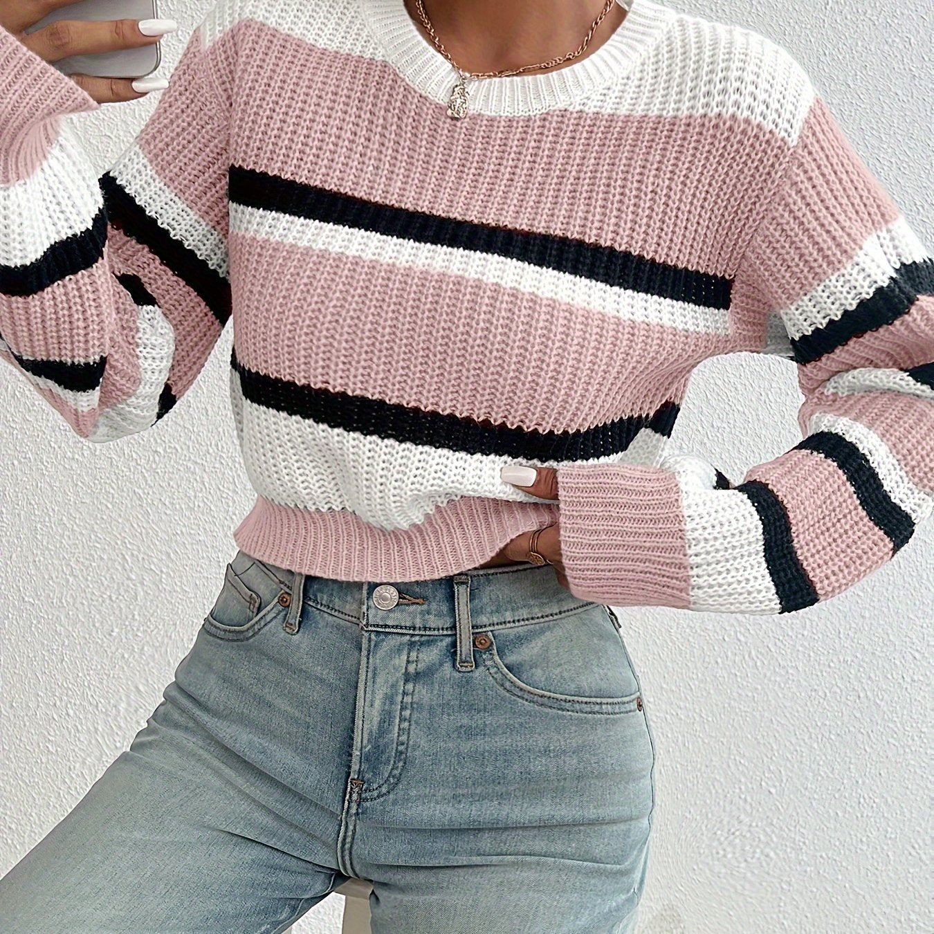 Casual Colorblock Knitted Crew Neck Sweater - Drop Shoulder Long Sleeve - Women's Clothing