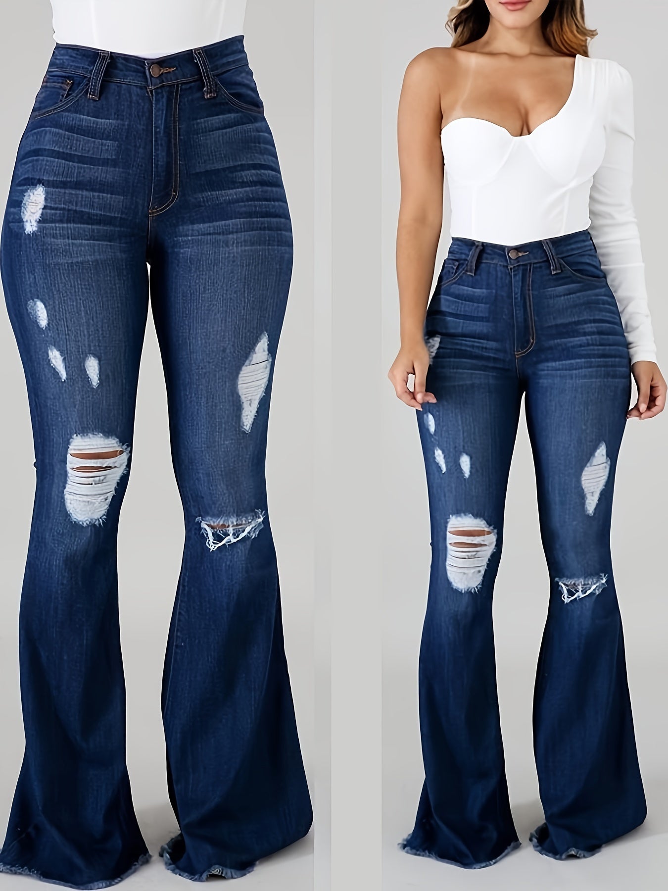 Vegan High Stretch Skinny Jeans, Slim Casual Jeans, Women'S Jeans And Clothing, Elastic Waist Flare Hole Rough Side Plus Size Jeans, Hip Lifting Comfortable Women'S Pants