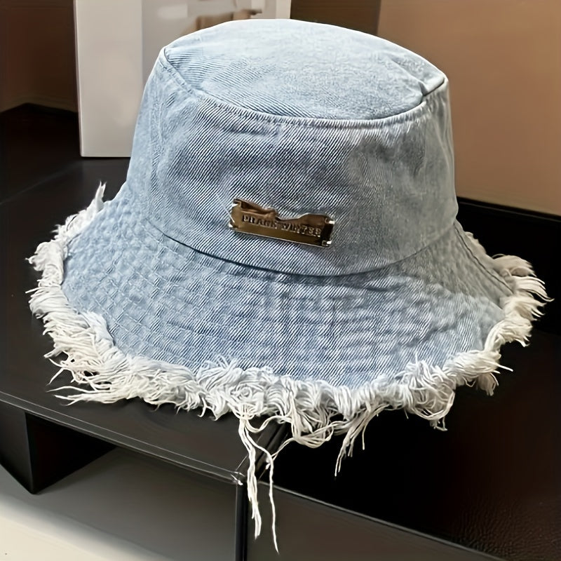 Stylish Basin Bucket Hat - Lightweight, Distressed, Raw Hem, Casual Sunshade Fisherman Cap for Women and Girls - Blue Denim Washed, Soft, Breathable, Adjustable, Perfect for Outdoor Activities