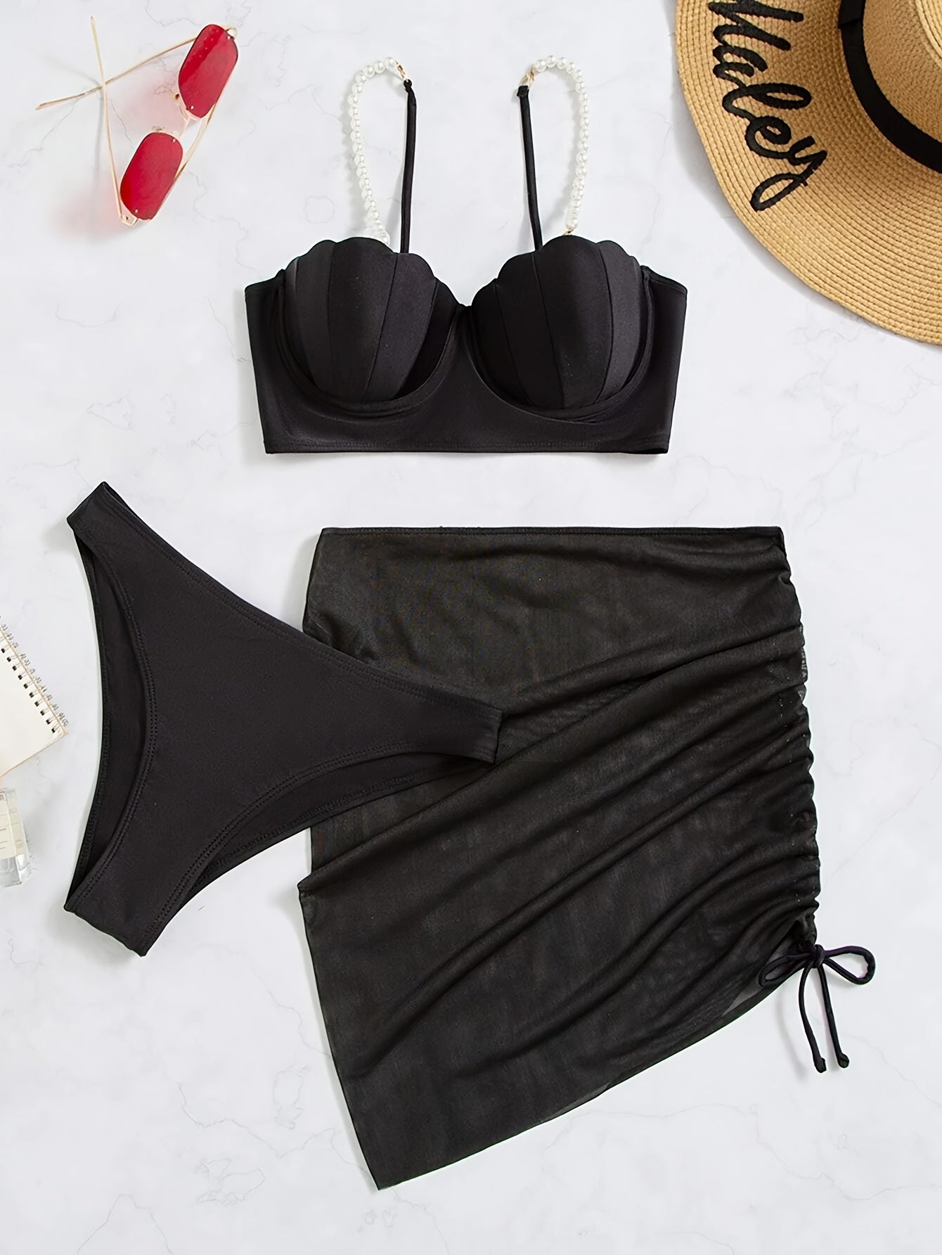 2025 Fashion Solid Color Shell Hard Package Net Three-piece Bikini Off Shoulder Strapless Pearl Pendant Design Women'S Swimwear