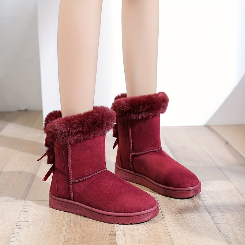 Women'S Mid-Calf Snow Boots with Faux Fur Trim, Round Toe, Non-Slip PVC Sole, Thick Warm Flannel Lined, Solid Color Winter Footwear