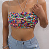 Colorful Beaded Chain-Linked Halter Neck Crop Top for Women, Metallic Composition, Off the Shoulder Vacation Style, Solid Color with Beaded Detailing, All-Season Knit Fabric