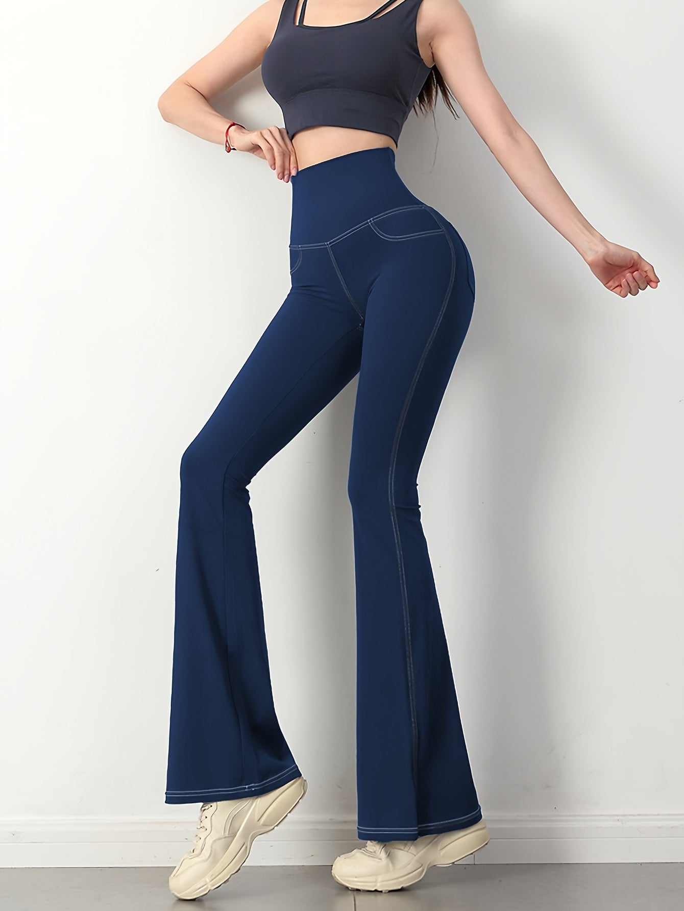 Solid Color Imitation Denim Yoga Pants With Pockets, Sports Fitness Yoga Running Flared Leggings, Women's Clothing Wide Waistband
