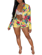 Womens Floral Print Blazer And Shorts Set With Long Sleeves