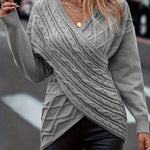 Cable Knit Cross Front Sweater – Elegant V-Neck Long Sleeve Pullover for Women, Soft Polyester Knit for Fall & Winter