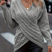 Cable Knit Cross Front Sweater – Elegant V-Neck Long Sleeve Pullover for Women, Soft Polyester Knit for Fall & Winter