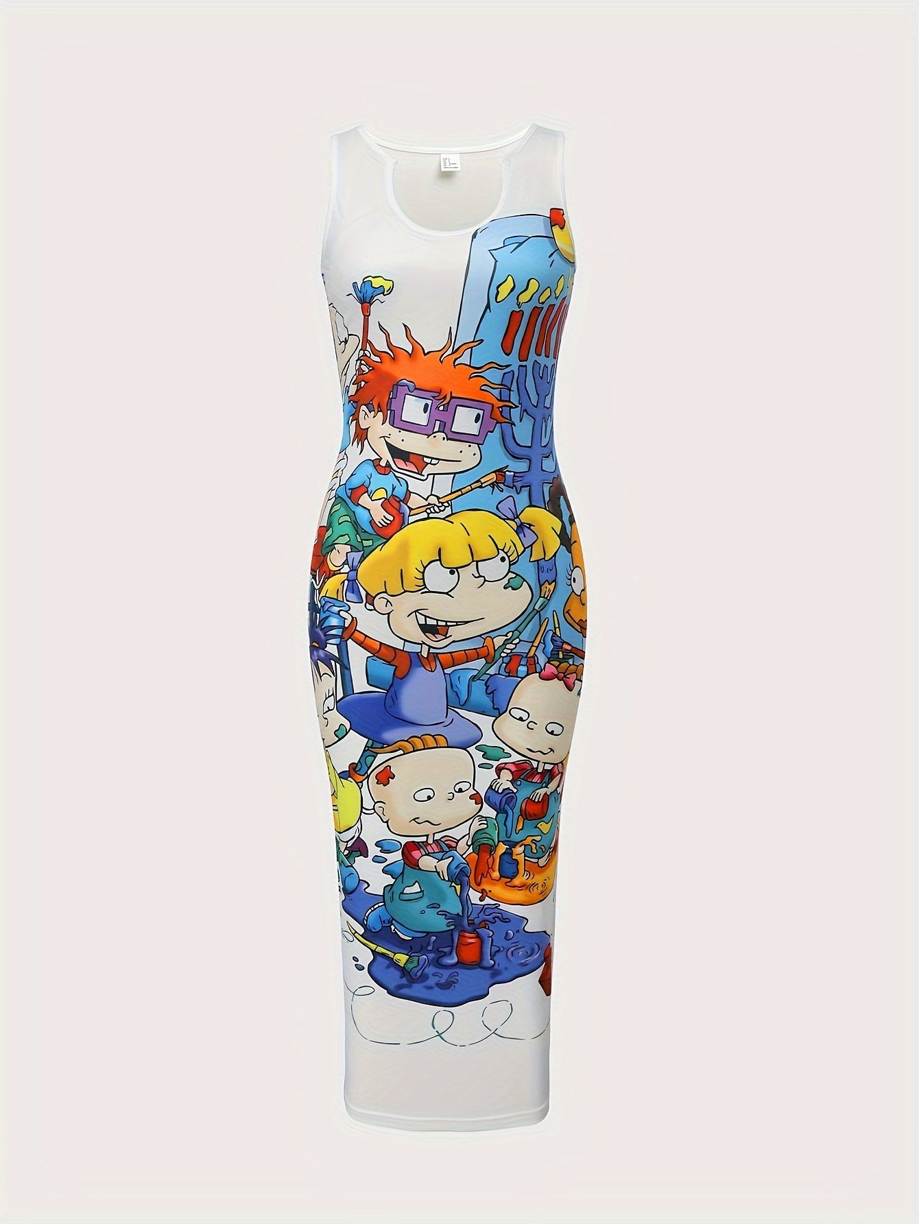 Cartoon Figure Print Slim Tank Dress, Casual Notched Neck Sleeveless Dress For Spring & Summer, Women's Clothing