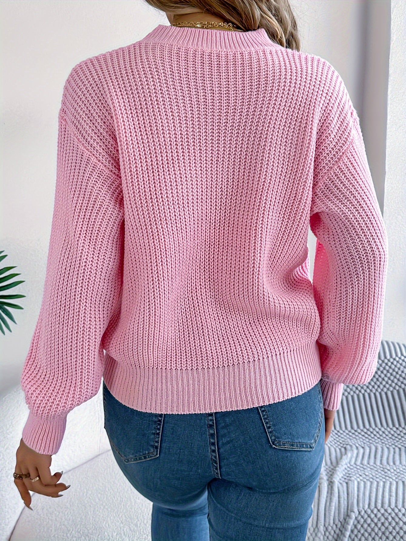 Cozy Love Heart Long Sleeve Pullover Sweater - Casual Vacation Style, 100% Acrylic, Round Neck, Non-Transparent with Geometric/Letter Pattern, Perfect for Fall/Winter