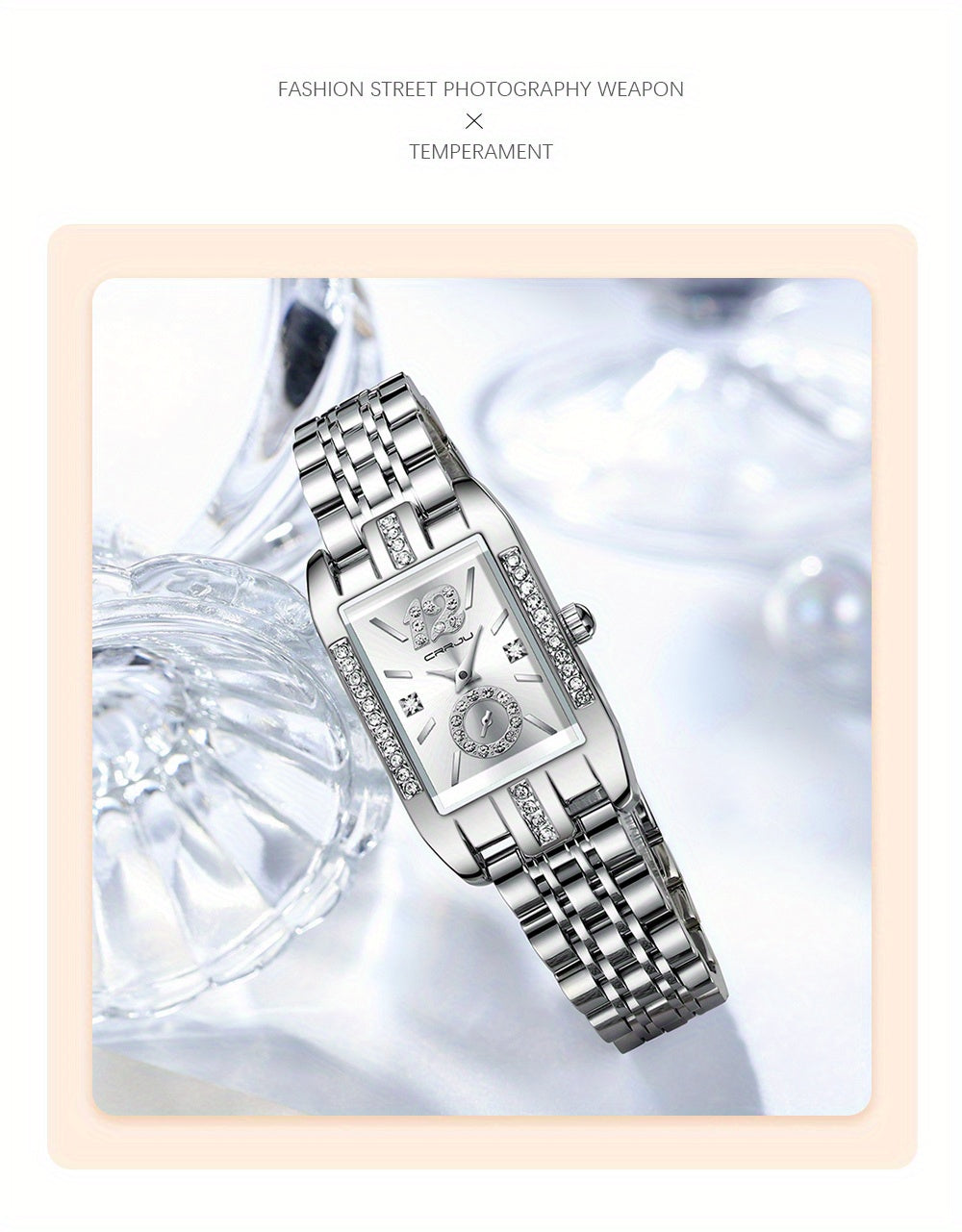 Stainless Steel Women's Luxury Watch, Elegant Rectangle Pointer Analog Quartz Rhinestone WR Wrist Watch