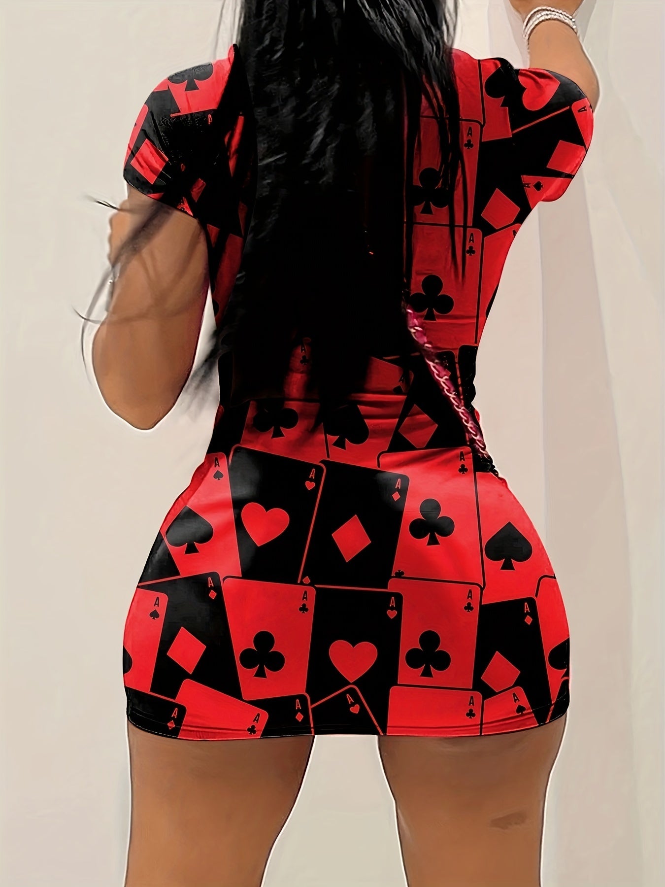 Poker Print Crew Neck Bodycon Dress, Casual Short Sleeve Mini Dress For Spring & Summer, Women's Clothing