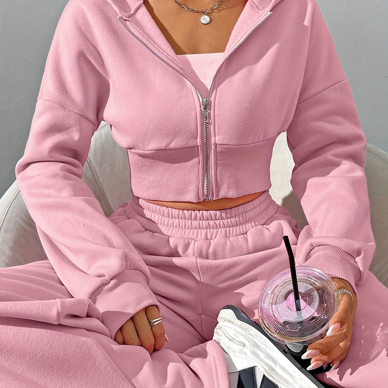 10.23 Fashionable Women's Autumn/Winter Zipper Hooded Long Sleeve Jacket + Wide Leg Trousers