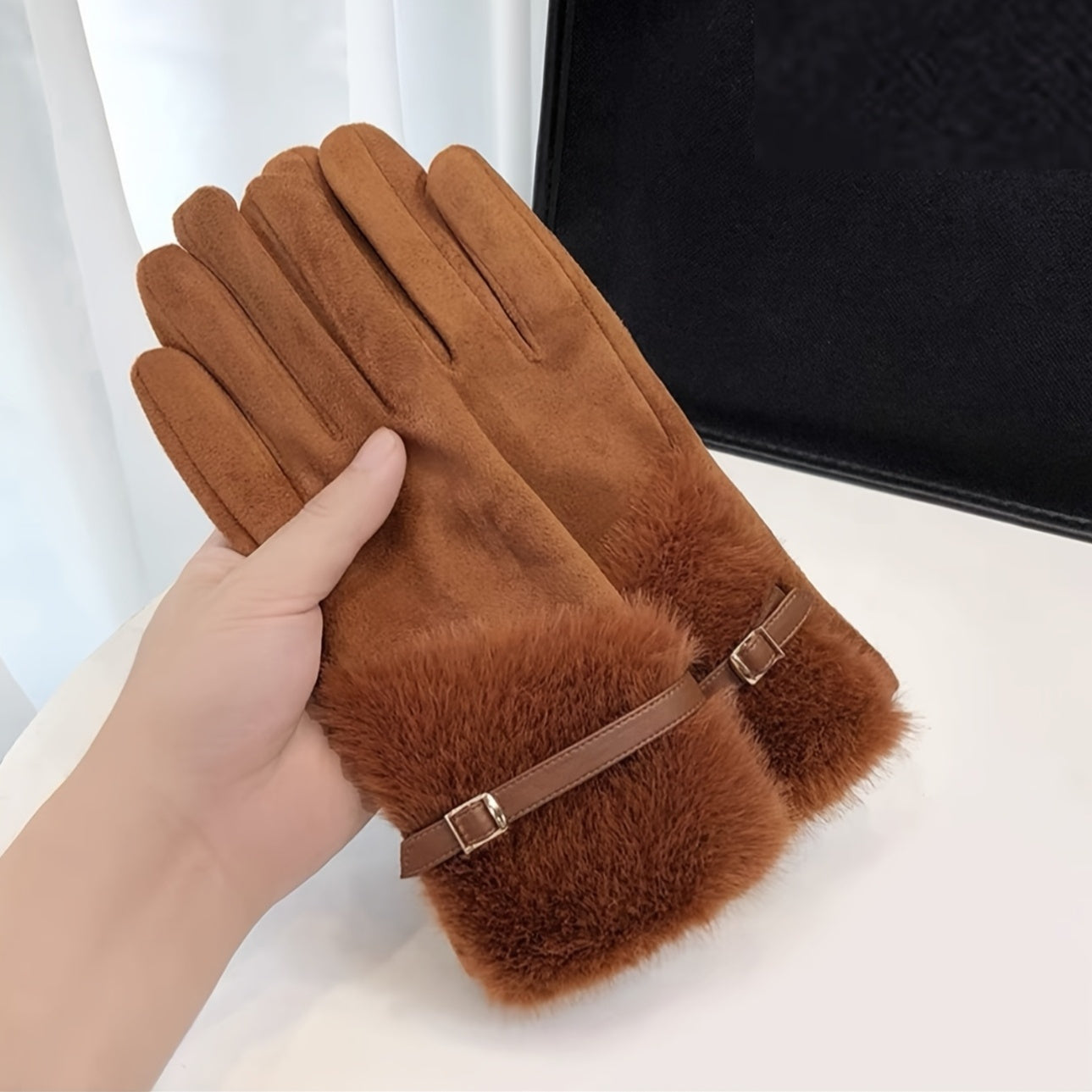 Women'S Fashion Faux Fur-Lined Full Finger Mittens, Polyester Knit Fabric, with Hand Wash Only, for Fall/Winter Outdoor Warm Accessories