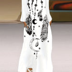 Feather Print V Neck Long Dress, Casual Long Sleeve Dress For Spring & Fall, Women's Clothing