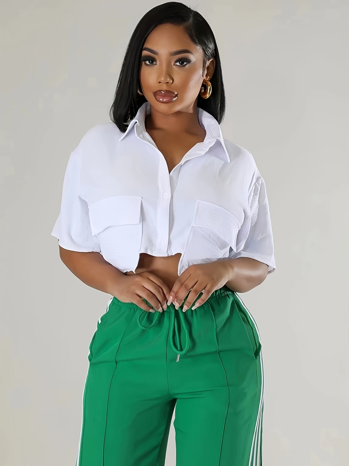 Women'S Sexy Short Crop Shirt, Solid Color Polyester 100%, Summer Short Sleeve with Lapel Collar, Two Pocket Design, Single Breasted Placket, Woven Fabric, 120g/m² - Casual Fashion Top