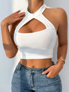 Chic Solid Color Halter Neck Crop Top - Sexy Backless Slim Fit Tank, Stretchy Polyester Blend, Ribbed Texture, Machine Washable - Perfect for Beach Outings, Afternoon Tea & Casual Casual Attire, Summer Fashion | Halter Neck T